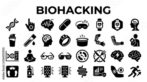 Quadro em tela Biohacking concept with icons representing health optimization and wellness tech