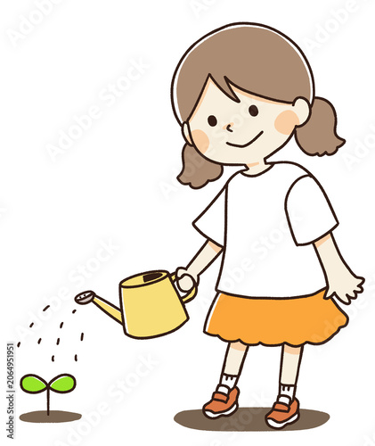 小さな植物に水やりをする子供のイラスト