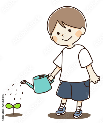 小さな植物に水やりをする子供のイラスト