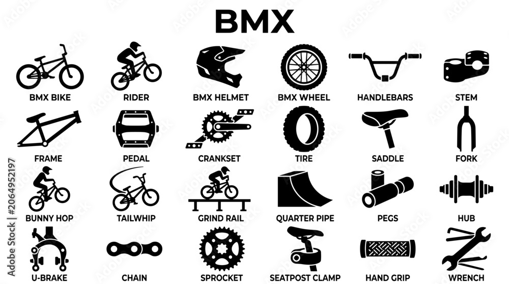 Naklejka premium BMX Bicycle Components and Tricks Illustrated Graphic Collection for Extreme Sports Enthusiasts and Cyclists