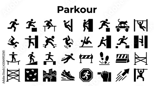 Billede på lærred Parkour Silhouette Icons Set Representing Urban Free Running Sports and Athletic