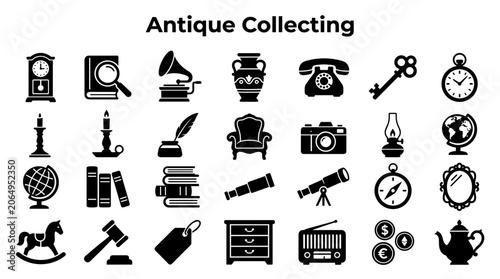 Photos Collection of antique objects and items representing historical collecting and v