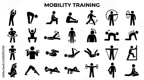 Konstfotografi Mobility training exercises icons set depicting various physical activities for
