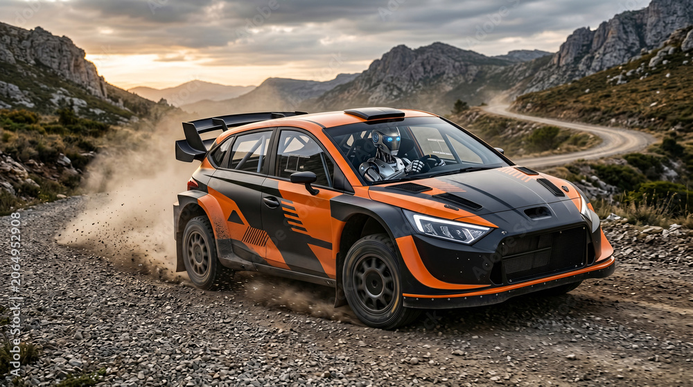 Naklejka premium Voiture de Rallye Pilotée par un Robot sur Route de Montagne