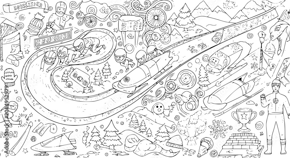 Obraz premium Winter Sports Bobsledding Line Art Coloring Page for Kids