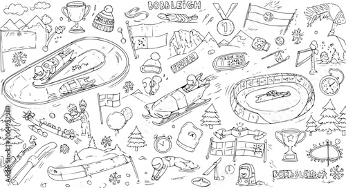 Photos Bobsleigh Winter Sports Doodle Set - Hand-drawn Black and White Line Art Sketch