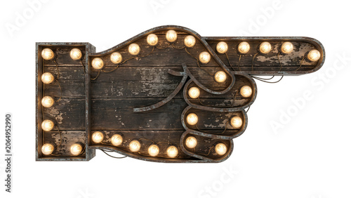 Vintage Rustic Wooden Pointing Hand Finger Marquee Sign with Glowing Edison Bulbs and Metal Frame Pointing Right on White Background