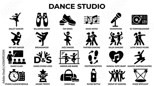 Bild auf Leinwand Dance studio icons collection representing various dance styles, classes, and equipment for creative projects and design