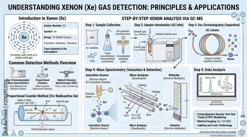 Understanding xenon (Xe) gas detection: principles and applications infographic outlining atomic background, overview of common detectors, and step‑by‑step analytical workflow using gas chromatography