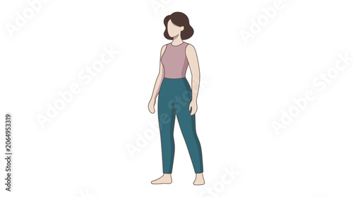 Woman standing, athletic wear, casual pose, vector illustration, isolated on white
