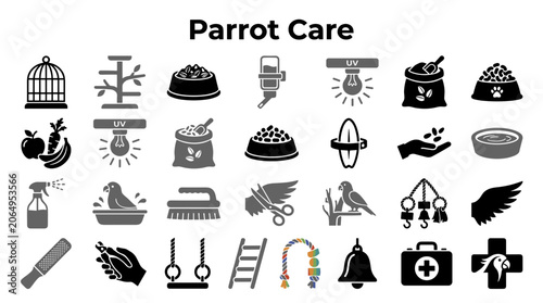 Foto Parrot care icons set representing bird health supplies food toys and habitat el