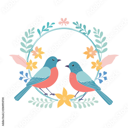 Two colorful birds in a floral wreath illustration