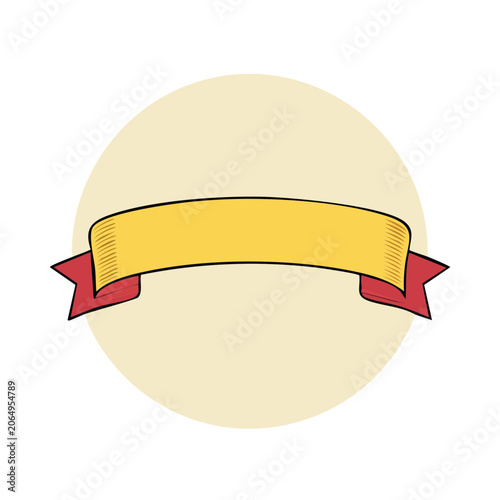 Yellow ribbon banner with red ends on beige background