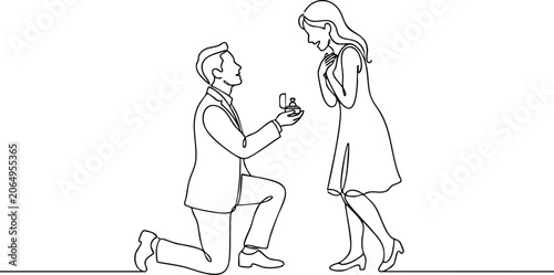 Foto Minimalist continuous line art drawing of a man kneeling proposing marriage to h