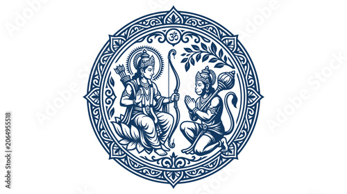 Quadro su tela Lord Rama and Hanuman in circular emblem, Hindu mythology art