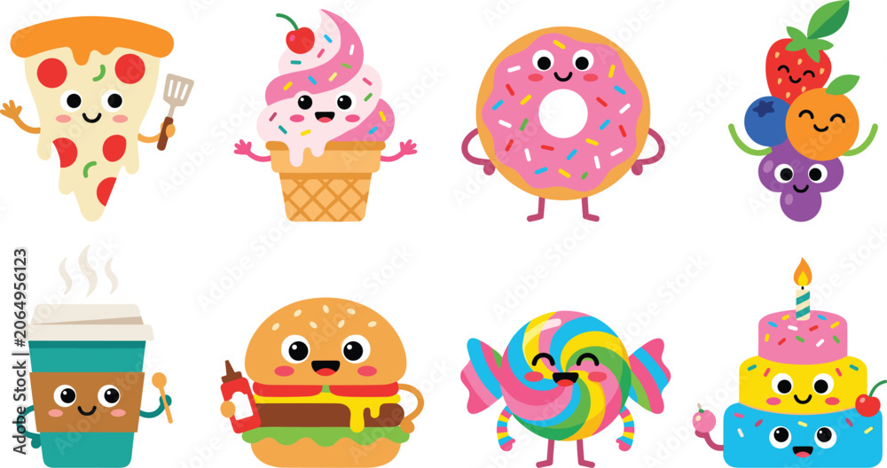 Fototapeta premium Cartoon Food Illustrations Featuring Pizza, Ice Cream, Donut, Fruits and Birthday Cake