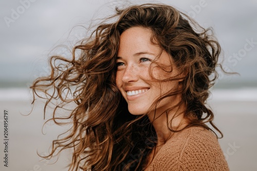 Joyful Woman with Windswept Hair: A radiant woman with long, curly brown hair blowing in the wind, her face turned towards the sky with a joyful expression, freckles dusting her cheeks.