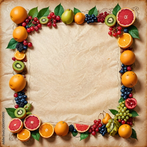 Floral and fruit frame border made of beautiful colorful elements
