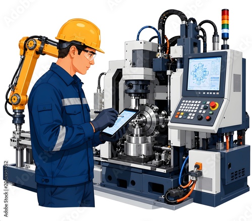 Industrial Technician Inspecting Advanced Manufacturing Machinery Vector Illustration