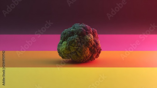 Single head of cooked vegetable rests centrally against a vibrant, multicolored horizontal striped background.