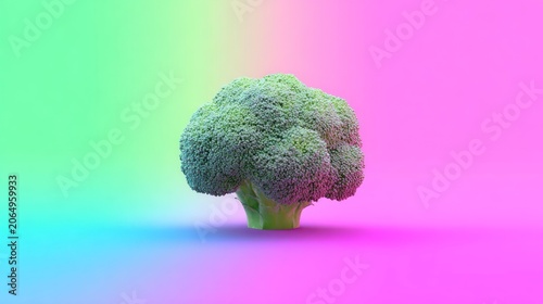 Fresh green vegetable crown resting on a surface against a vibrant multicolored background