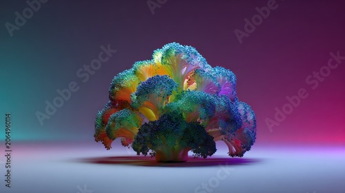 Vividly illuminated cruciferous vegetable displays a spectrum of brilliant colors against a darkened backdrop
