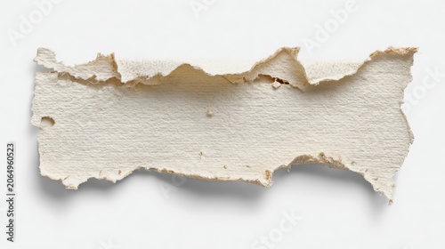 Torn Paper Fragment: A single, irregular fragment of aged paper, displaying rough, torn edges and a textured surface, isolated for creative graphic use.