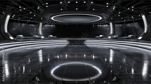 Sleek, futuristic interior space features high-gloss flooring and dramatic overhead illumination