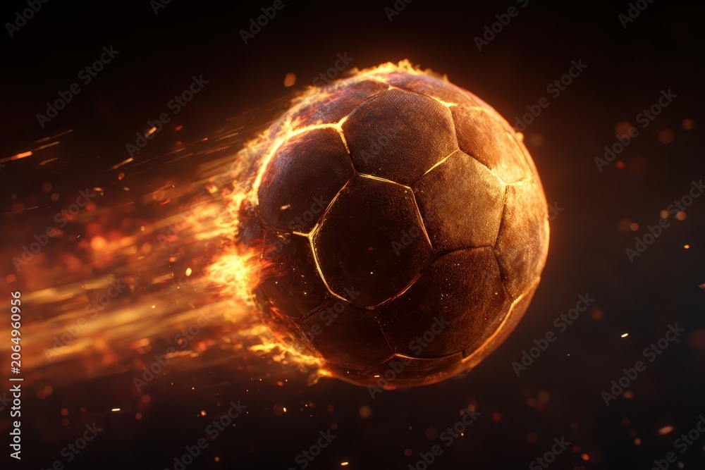 Fototapeta premium Inferno Ball: A soccer ball engulfed in flames, streaks across a dark background with sparks flying, symbolizing intense action and fiery passion in the sport.
