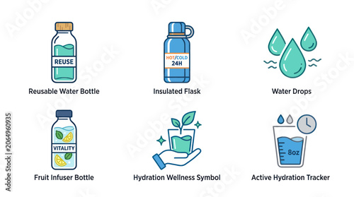 Fotografia Hydration Icons: Water Bottles, Drops, Flask, Infuser, Wellness Symbol, Tracker