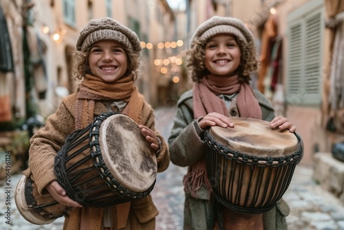 Smiling Young Drummers Celebrate World Music Day with Joyful Street Rhythms in a Historic Alley