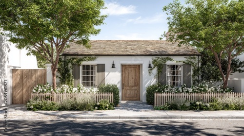 Charming, single-story cottage exhibits lush landscaping and traditional architectural details facing a paved street
