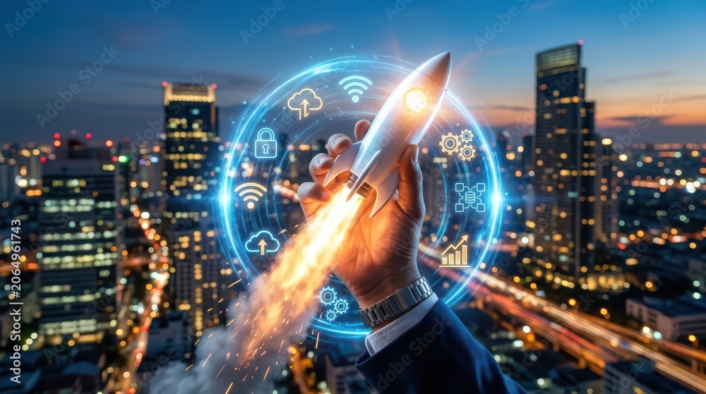 Fototapeta premium Business launch concept hand holding rocket with digital network icons over city skyline at dusk