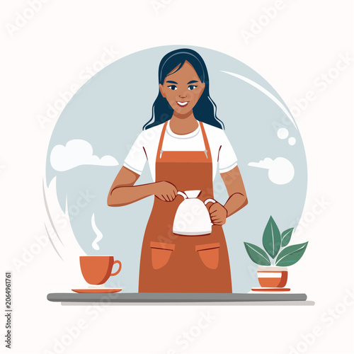Barista preparing coffee with a kettle and cup