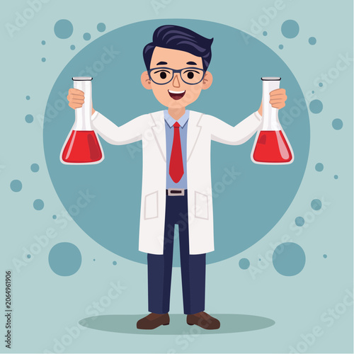 Cartoon Scientist Holding Flasks with Red Liquid