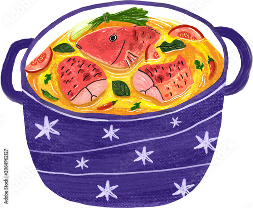 Hand Drawn Illustration of Traditional Indonesian Ikan Kuah Kuning Yellow Fish Soup