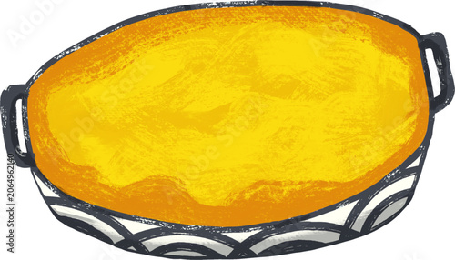 Hand Drawn Illustration of Pumpkin Soup or Yellow Custard in a Pan