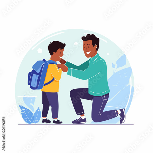 Father helping son with backpack for school