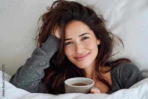Morning Bliss: A radiant young woman with tousled hair smiles warmly, holding a steaming mug of tea while relaxing in a cozy bed. A perfect portrayal of peaceful morning solitude.