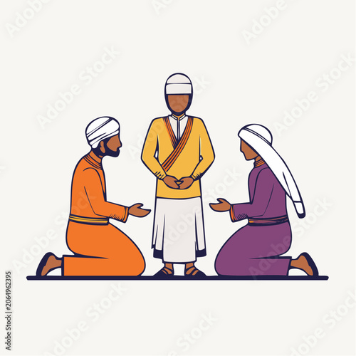 Three figures in traditional attire, two kneeling before one standing