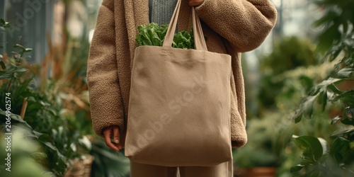Eco-conscious shopper: A person carries a reusable shopping bag filled with fresh green produce, surrounded by an abundance of lush plants.