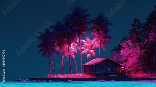 Tropical coastal scene illuminated by vibrant neon-like colors at night