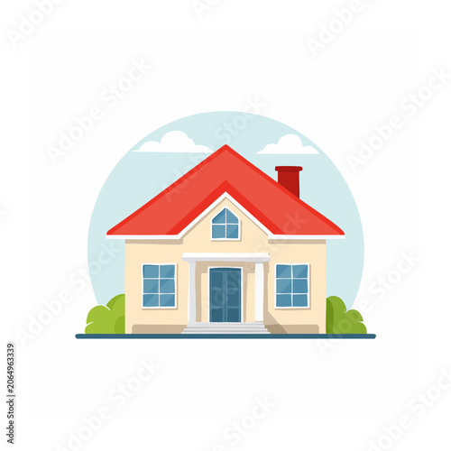 Flat design 3D render of a red house with blue windows