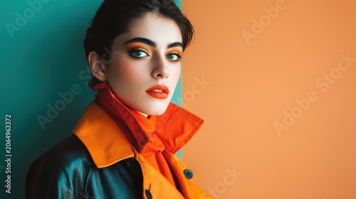 Bold Beauty in Orange Hues: A striking young woman with vibrant orange makeup and a stylish coat exudes confidence against a contrasting turquoise and peach backdrop, embodying modern fashion.