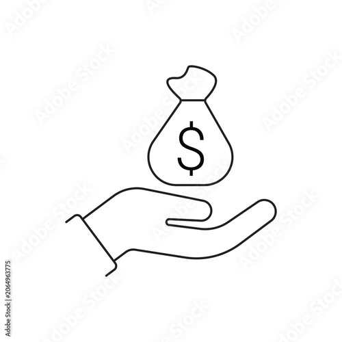 Hand holding money bag single icon with editable stroke, great for financial investment applications, charity funding platforms, and business wealth management.