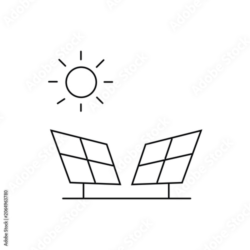 Solar panel farm single icon with editable stroke, highly useful for renewable energy applications, eco-friendly power presentations, and alternative energy dashboards.