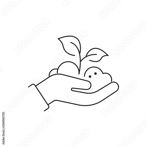 Hand holding plant sprout single icon with editable stroke, great for agriculture businesses, gardening applications, and environmental care programs.