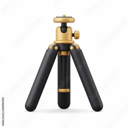3D render of a professional black and gold camera tripod