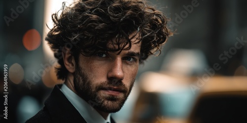Portrait of a Man with Curly Hair: A striking portrait of a man with thick, curly hair and a beard, looking directly at the camera with an intense gaze. The background is softly blurred.
