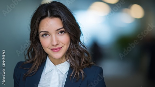 Confident Professional Woman: A beautiful and confident young woman, dressed in business attire, smiles gently at the camera with a soft, blurred background suggesting a modern office environment.